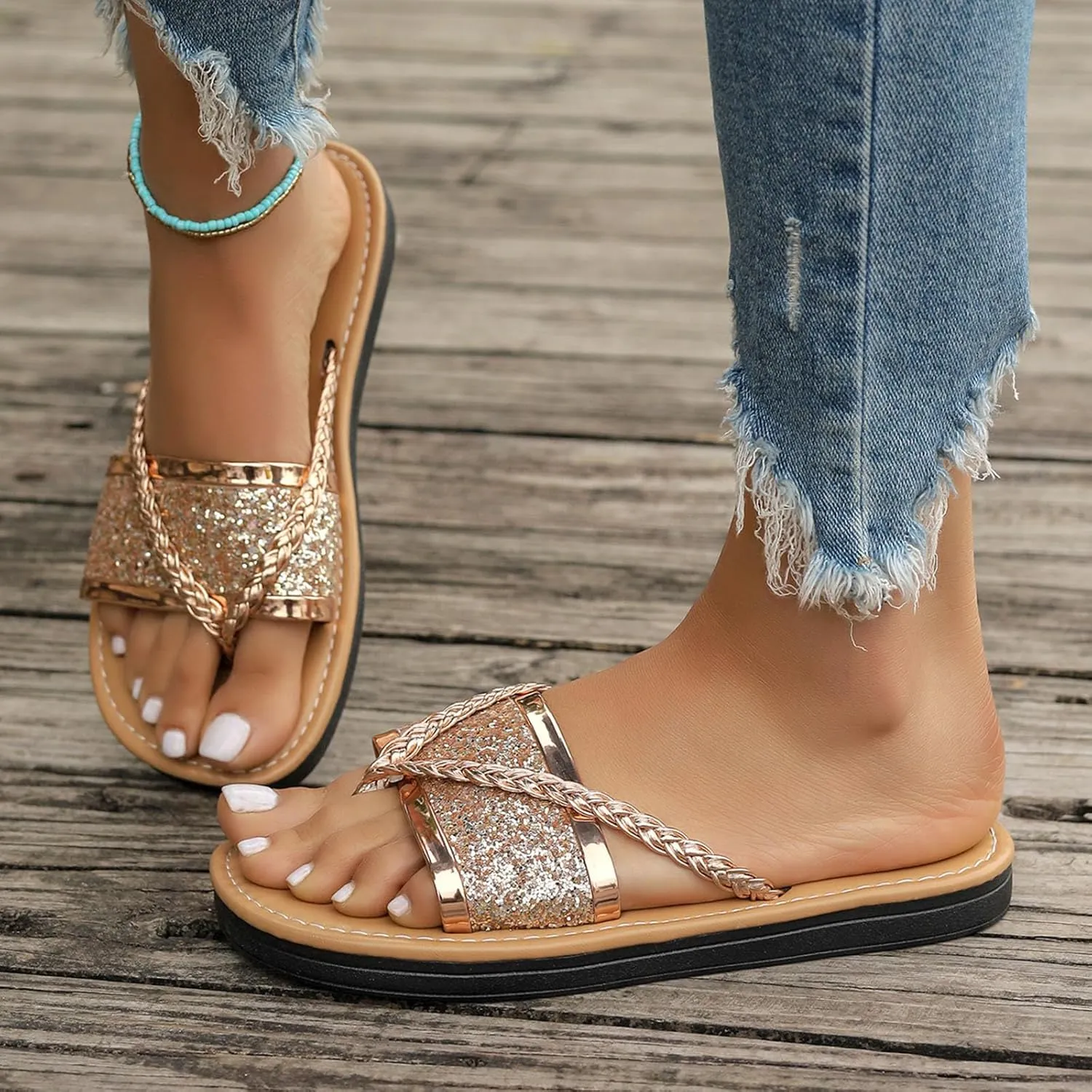 2025 New Women's Flat Slide Sandals Metallic PU Leather Fashion Flip Flops Boho Chic Braided Strappy Summer Slides