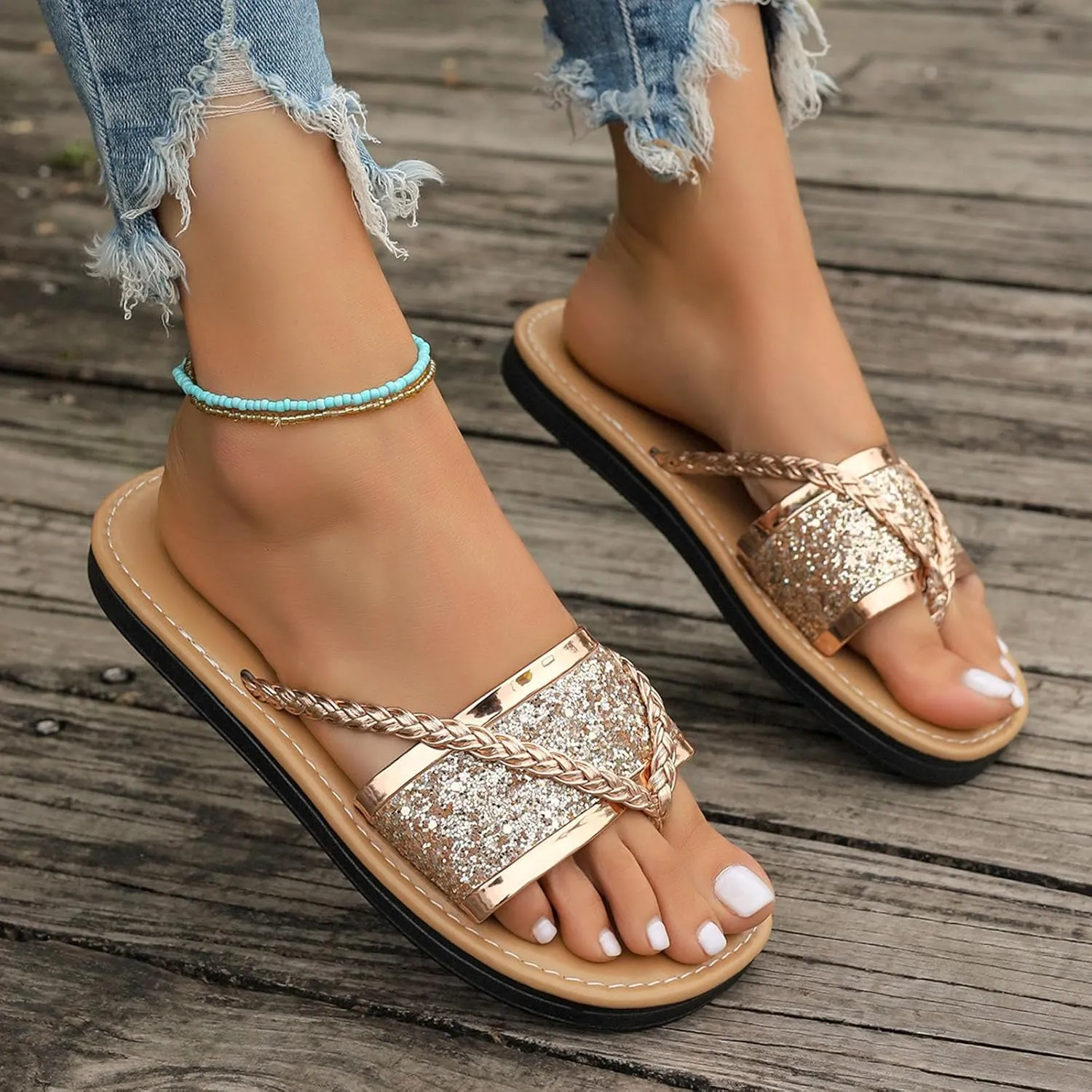 2025 New Women's Flat Slide Sandals Metallic PU Leather Fashion Flip Flops Boho Chic Braided Strappy Summer Slides