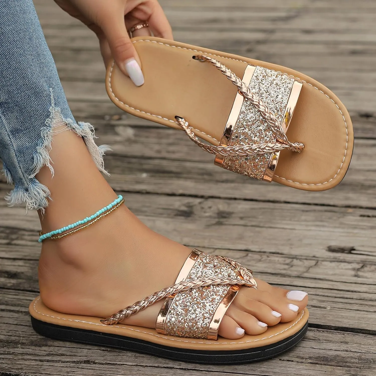 2025 New Women's Flat Slide Sandals Metallic PU Leather Fashion Flip Flops Boho Chic Braided Strappy Summer Slides
