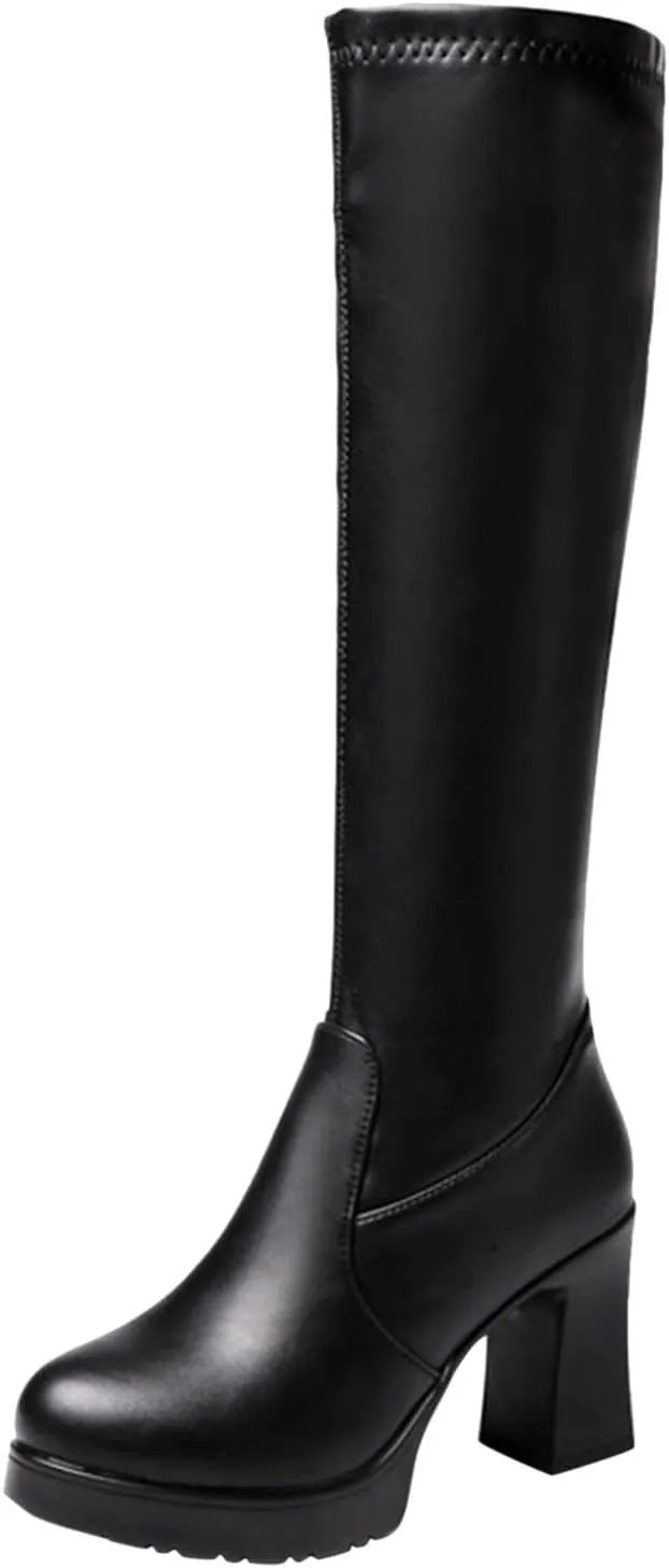 AMDBEL Thigh High Boots for Women 2024, Women's Over The Knee Patform Thigh High Boots Long Stretch Soft Chunky Lug Sole Fall Boots Wedge Boots Chunky High Heel Knitted Fashion Winter Tall Booties