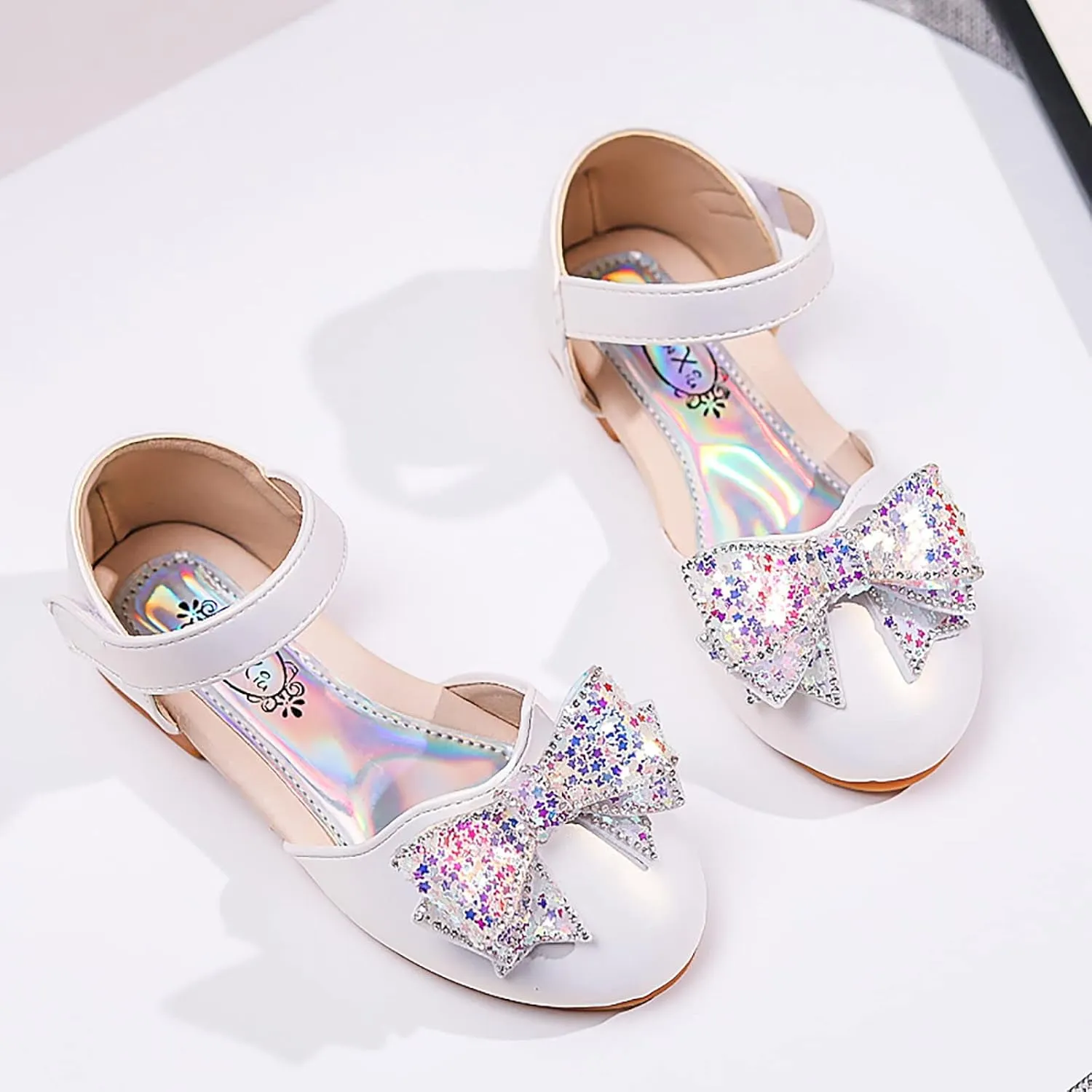 Baby Girls Dress Dance Shoes Bow Glitter Sequins Ankle 𝗟ow Heel Sandals Closed Toe Strap Toddler Kids Loafers