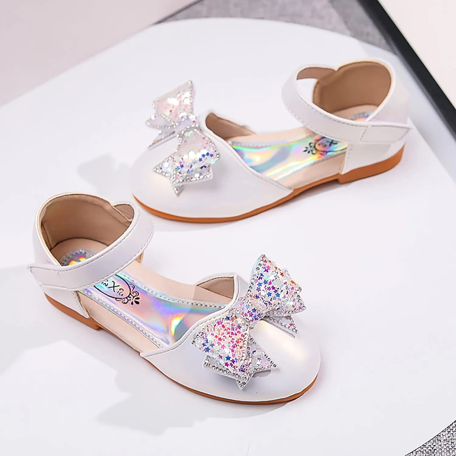 Baby Girls Dress Dance Shoes Bow Glitter Sequins Ankle 𝗟ow Heel Sandals Closed Toe Strap Toddler Kids Loafers
