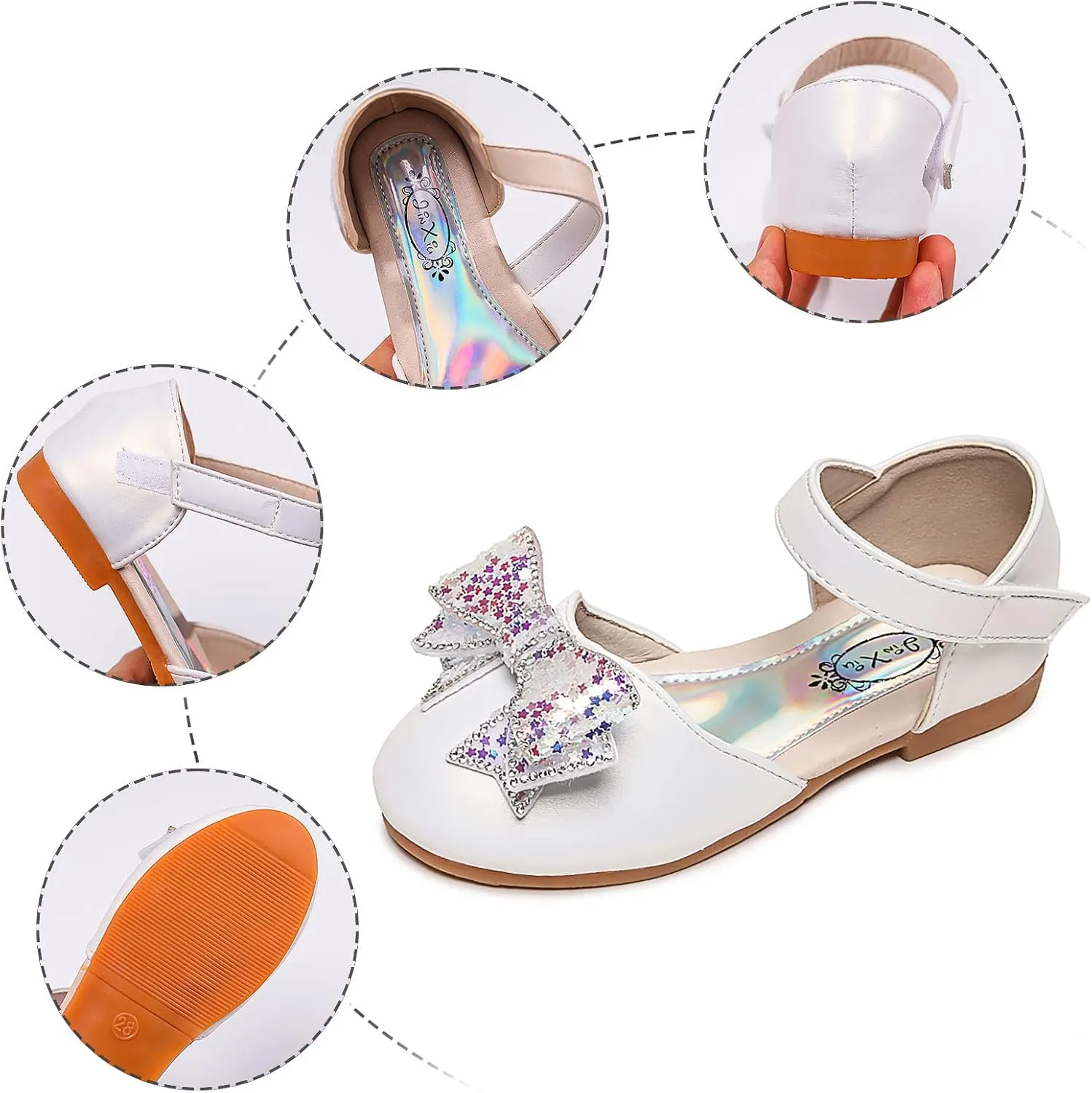 Baby Girls Dress Dance Shoes Bow Glitter Sequins Ankle 𝗟ow Heel Sandals Closed Toe Strap Toddler Kids Loafers