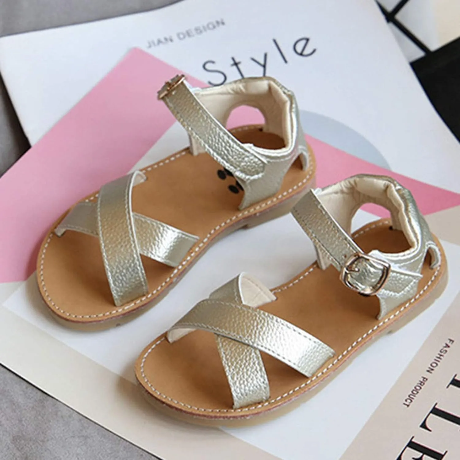 Baby Girls Leather Padded X-Strap Sandals Flat Soft Wide Shoes Toddler Kids Ankle Buckle P𝐞ep Toe Summer Sandals Comfy