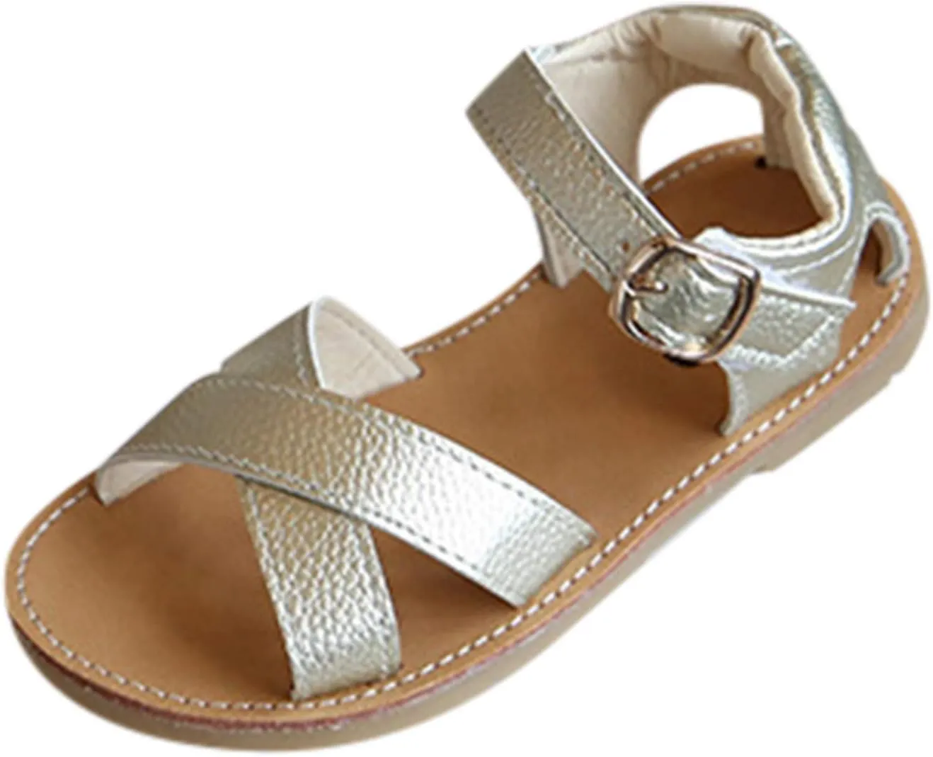 Baby Girls Leather Padded X-Strap Sandals Flat Soft Wide Shoes Toddler Kids Ankle Buckle P𝐞ep Toe Summer Sandals Comfy