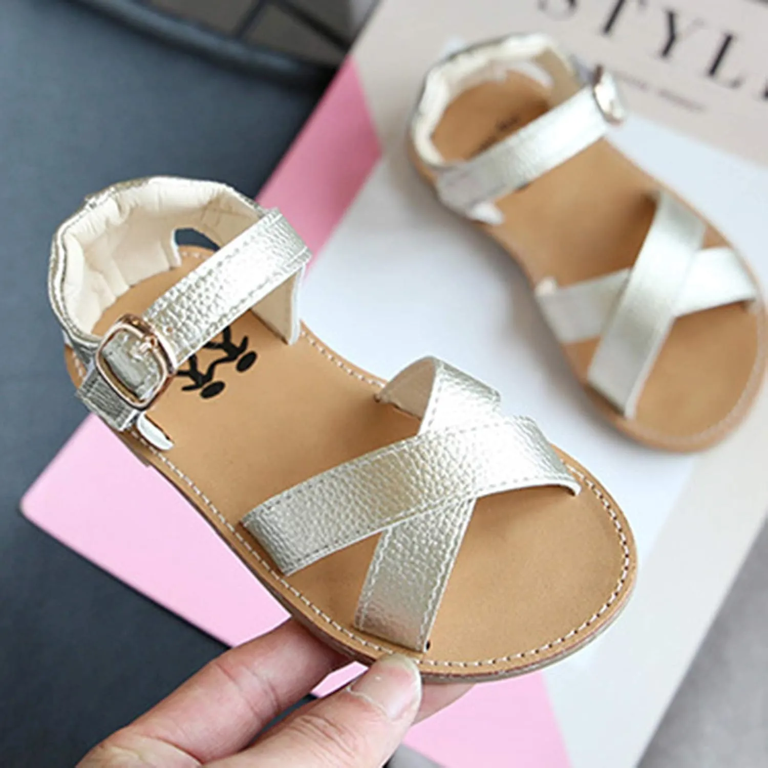 Baby Girls Leather Padded X-Strap Sandals Flat Soft Wide Shoes Toddler Kids Ankle Buckle P𝐞ep Toe Summer Sandals Comfy