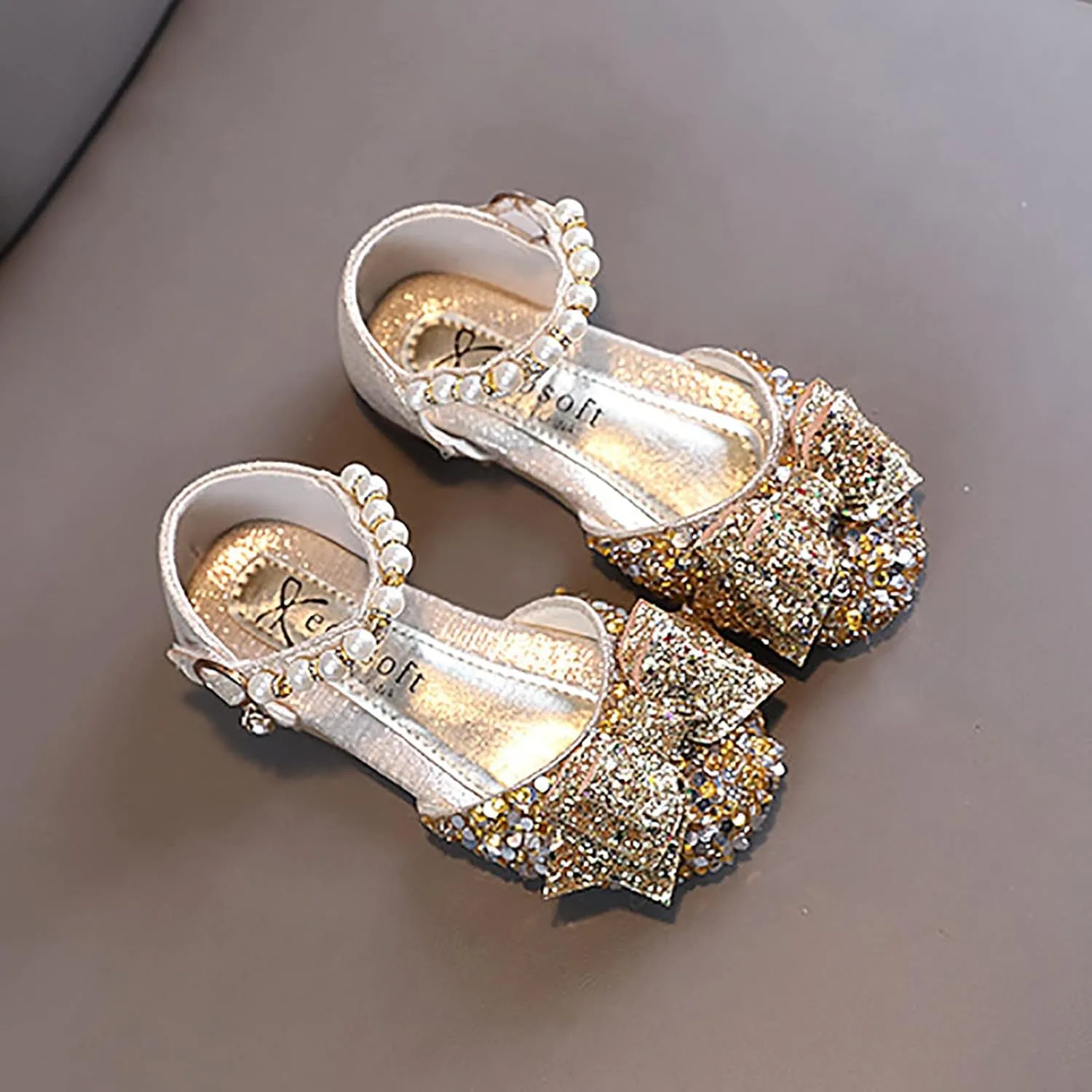 Baby Girls Pearl Glitter Dress Dance Shoes Summer Casual Ankle Princess Sandals Kids Bow Breathable Non Slip Comfy