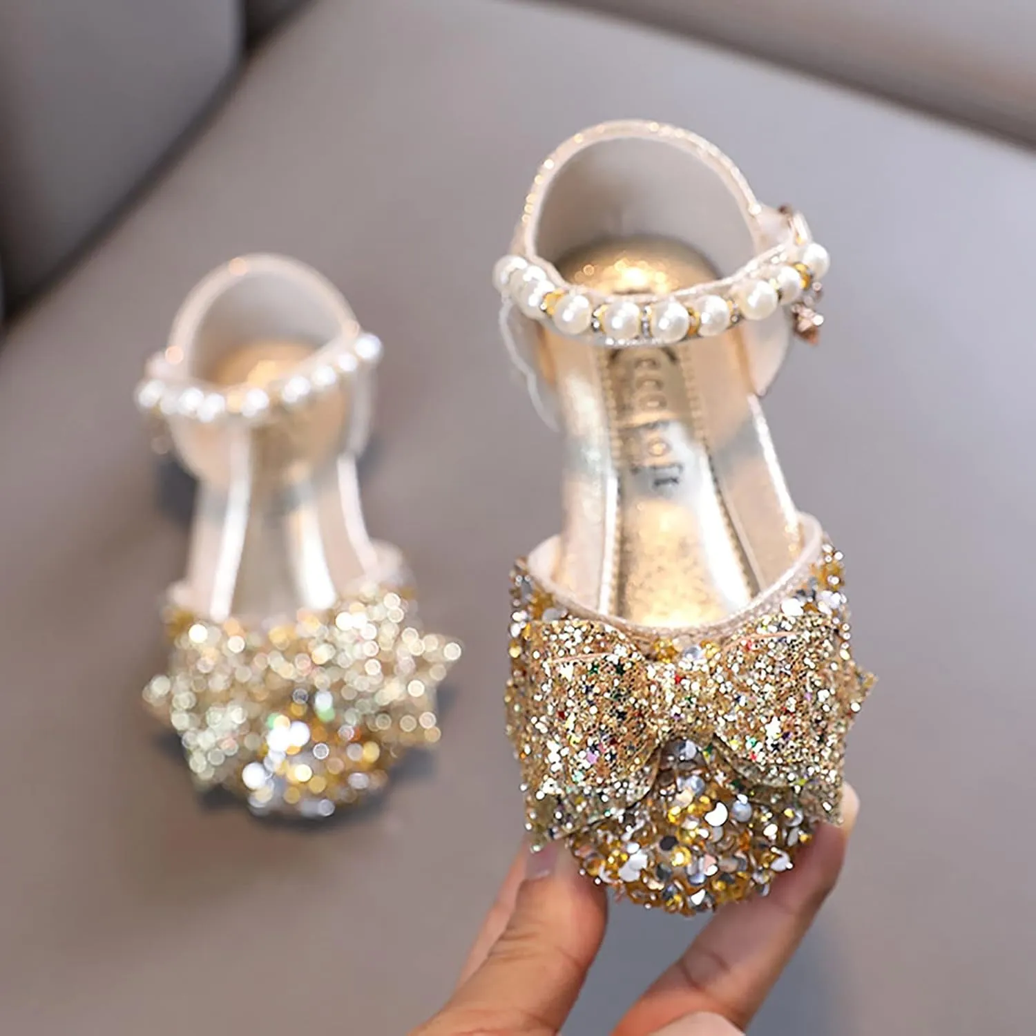 Baby Girls Pearl Glitter Dress Dance Shoes Summer Casual Ankle Princess Sandals Kids Bow Breathable Non Slip Comfy