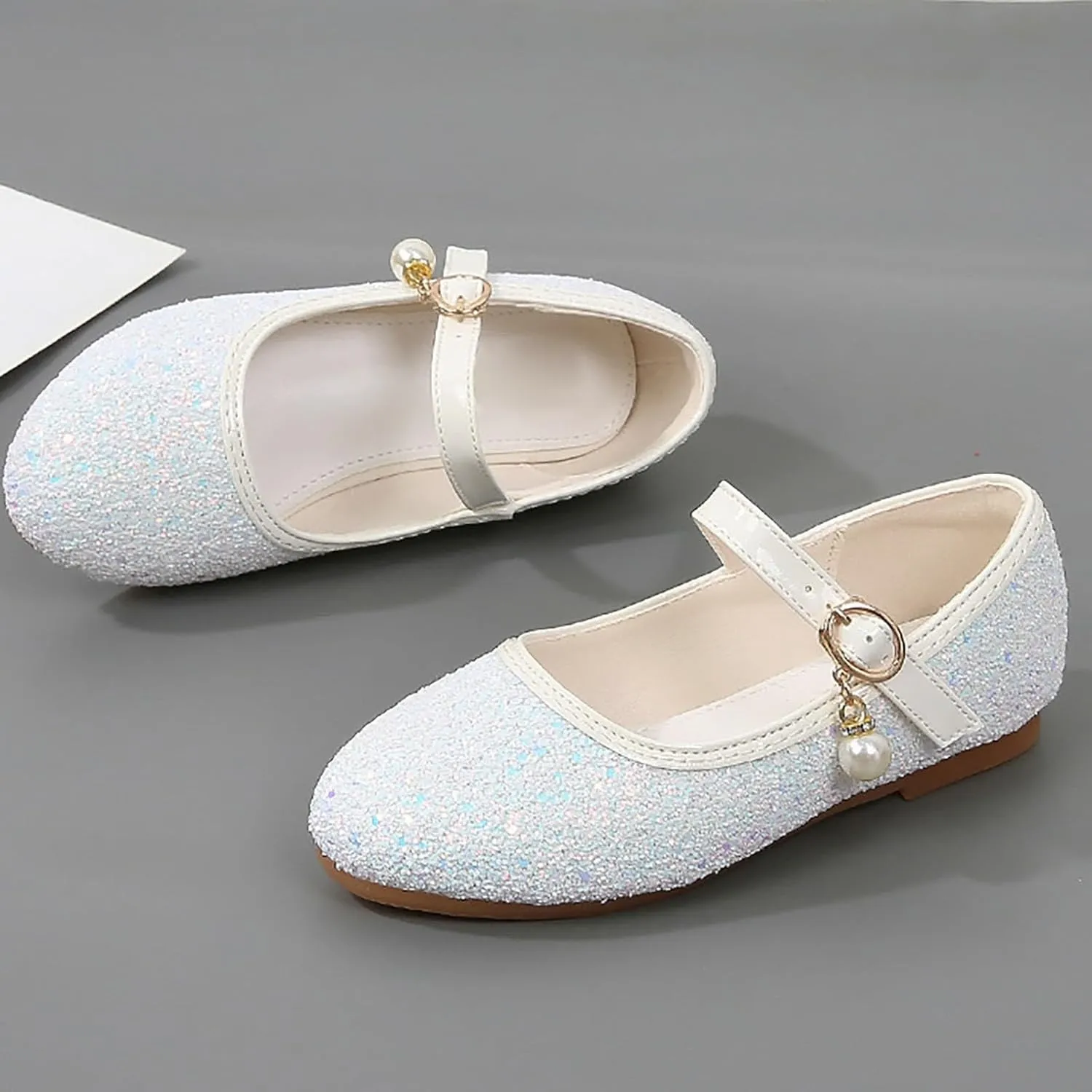 Baby Girls Pearl Sequins Sandals Low Heel Fancy Glitter Strap Ankle Shoes Kids Toddler Formal Wedding Closed Toe Sandals
