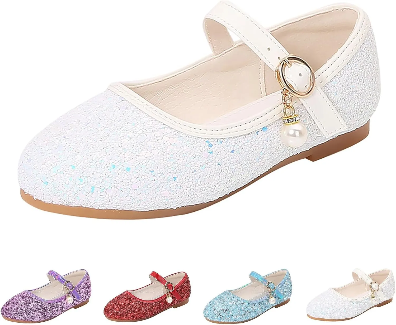Baby Girls Pearl Sequins Sandals Low Heel Fancy Glitter Strap Ankle Shoes Kids Toddler Formal Wedding Closed Toe Sandals