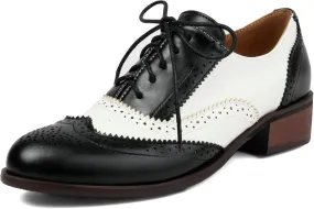 Betastella Womens Vintage Wingtip Lace Up Oxfords Chunky Low Heel Round Toe Pumps Brogue Oxford Shoes
