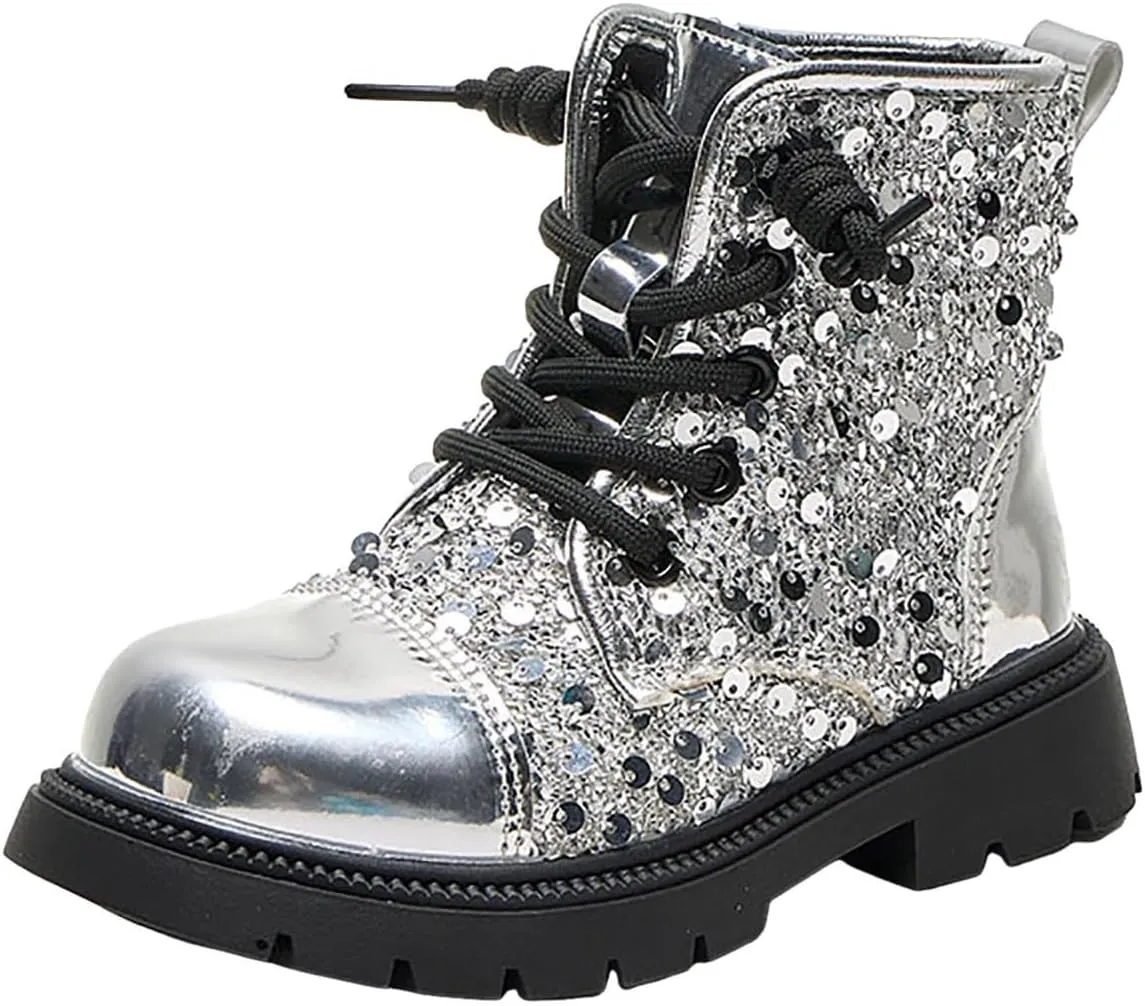 Boots for Girls, Girls Fashion Lace-Up Sequined Ankle Boots Children's Casual Boots Comfortable Lug Soft-Soled Boots