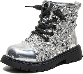 Boots for Girls, Girls Fashion Lace-Up Sequined Ankle Boots Children's Casual Boots Comfortable Lug Soft-Soled Boots