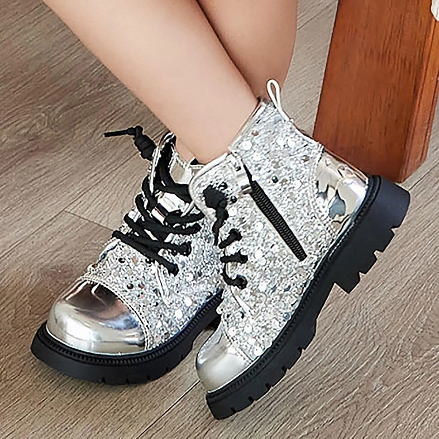 Boots for Girls, Girls Fashion Lace-Up Sequined Ankle Boots Children's Casual Boots Comfortable Lug Soft-Soled Boots