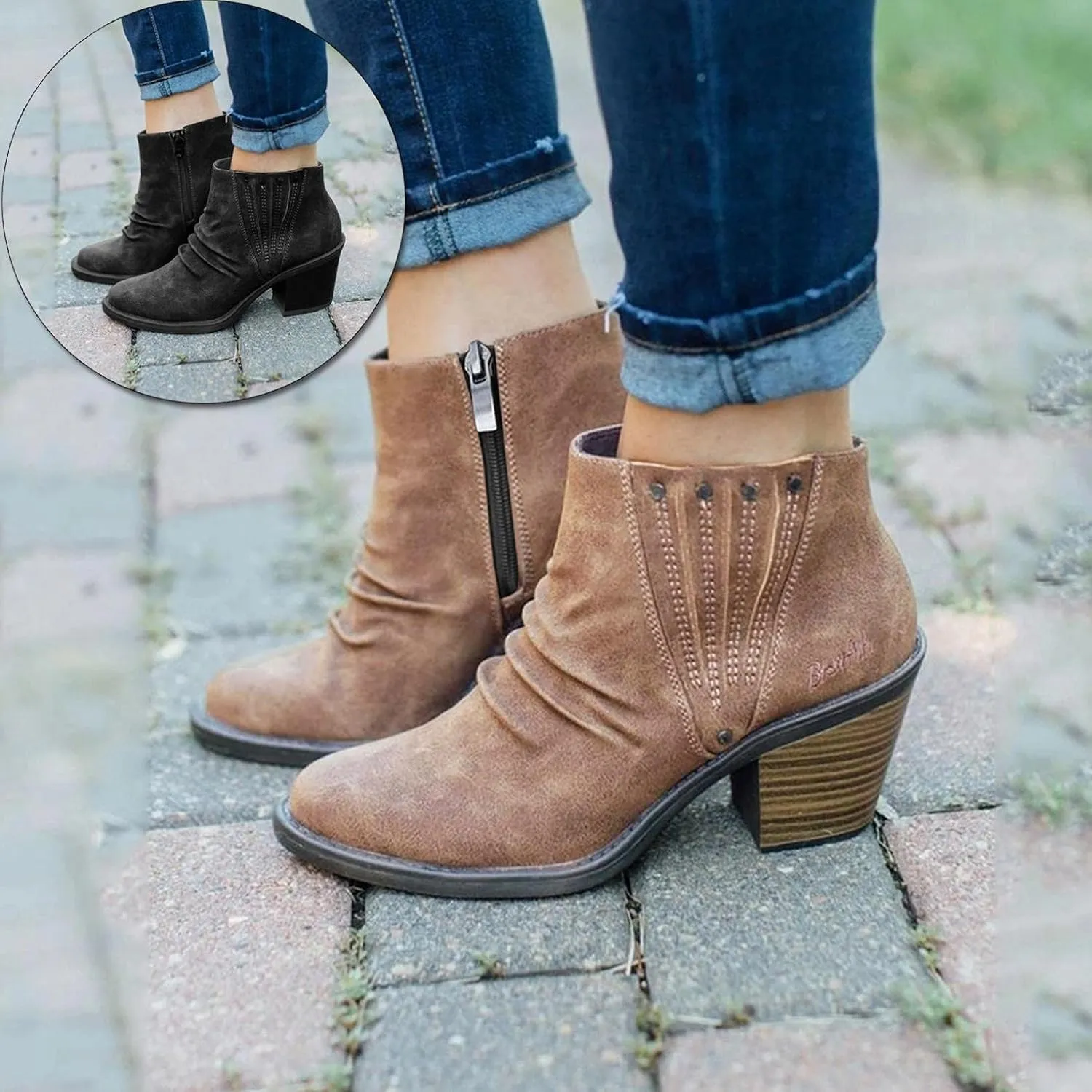 Boots for Women Wedges Ankle Booties Retro V Cutout Comfy Short Boots Flock Leather Zip Closure Stacked Chunky Block Heels Shoes