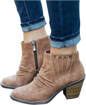Boots for Women Wedges Ankle Booties Retro V Cutout Comfy Short Boots Flock Leather Zip Closure Stacked Chunky Block Heels Shoes
