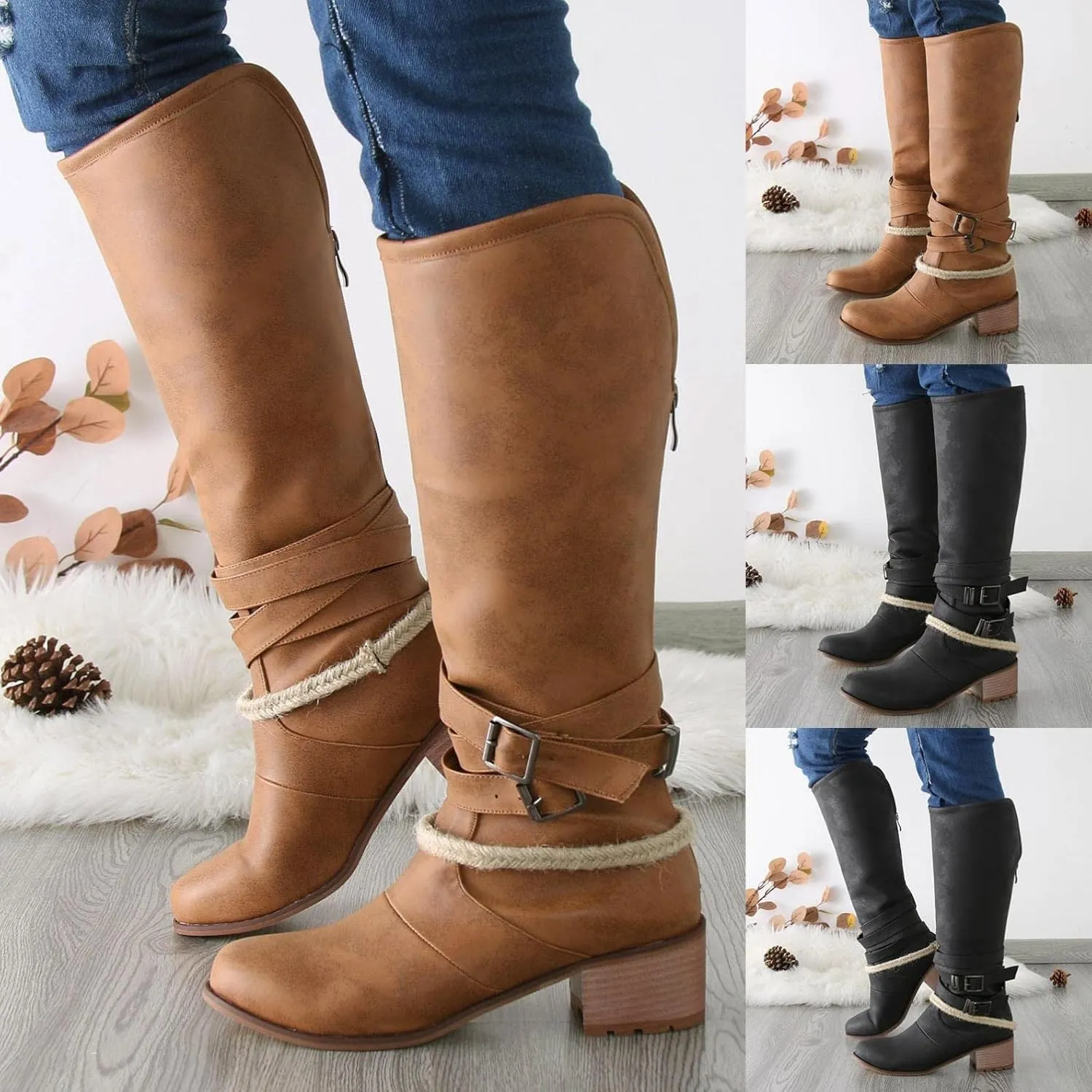 Boots for Women Western Cowgirl Cowboy Boots Wide Calf Round Toe Vintage Embroidered Pull On Booties Shoes