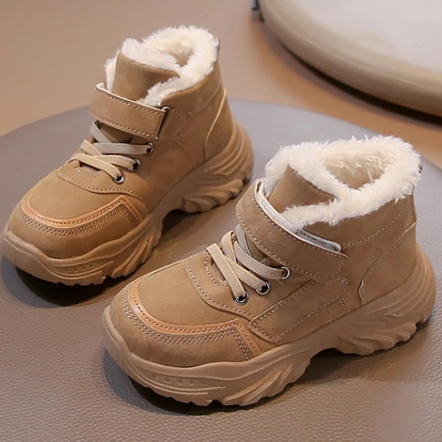 Boys Girls Wterproof Ankle Boots Warm Faux Fur Fashion Sneakers High Top Booties Walking Running Furry Shoes