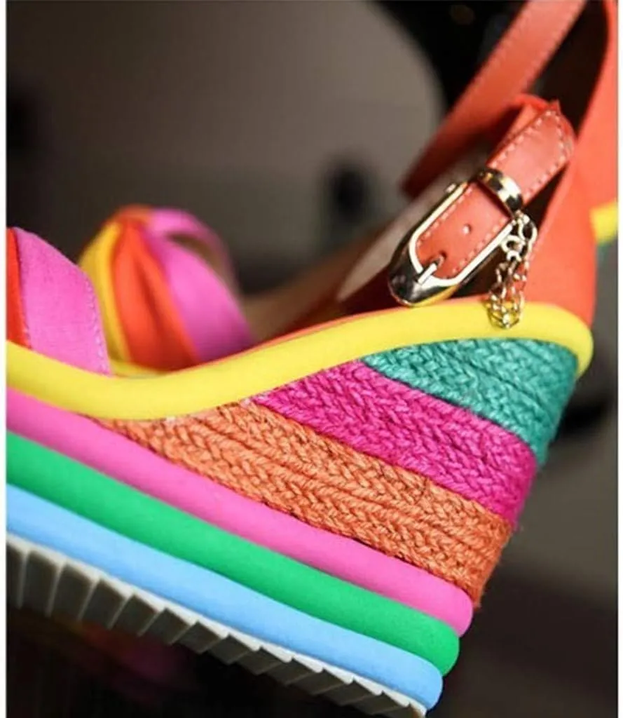 Casual Walking Wedges Toe Roman Shoes High Women's Ladies Wedges Multicolor Patchwork Sandals Women's
