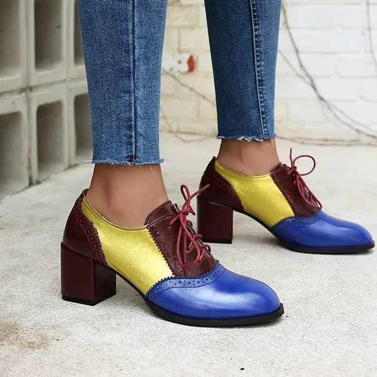 Chic Color Block Women Wing Tip Lace Up Chunky Heel Brogue Shoes