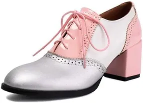 Chic Color Block Women Wing Tip Lace Up Chunky Heel Brogue Shoes