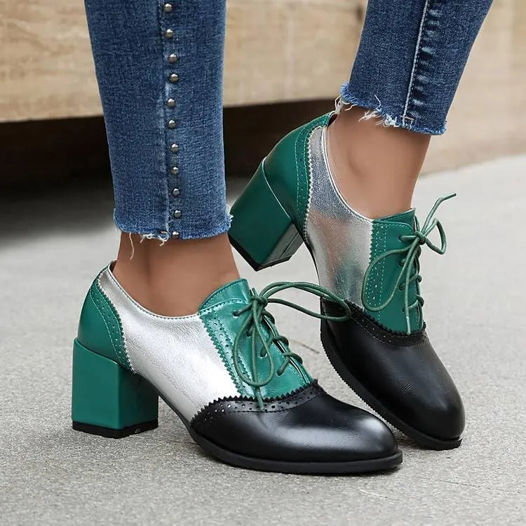 Chic Color Block Women Wing Tip Lace Up Chunky Heel Brogue Shoes