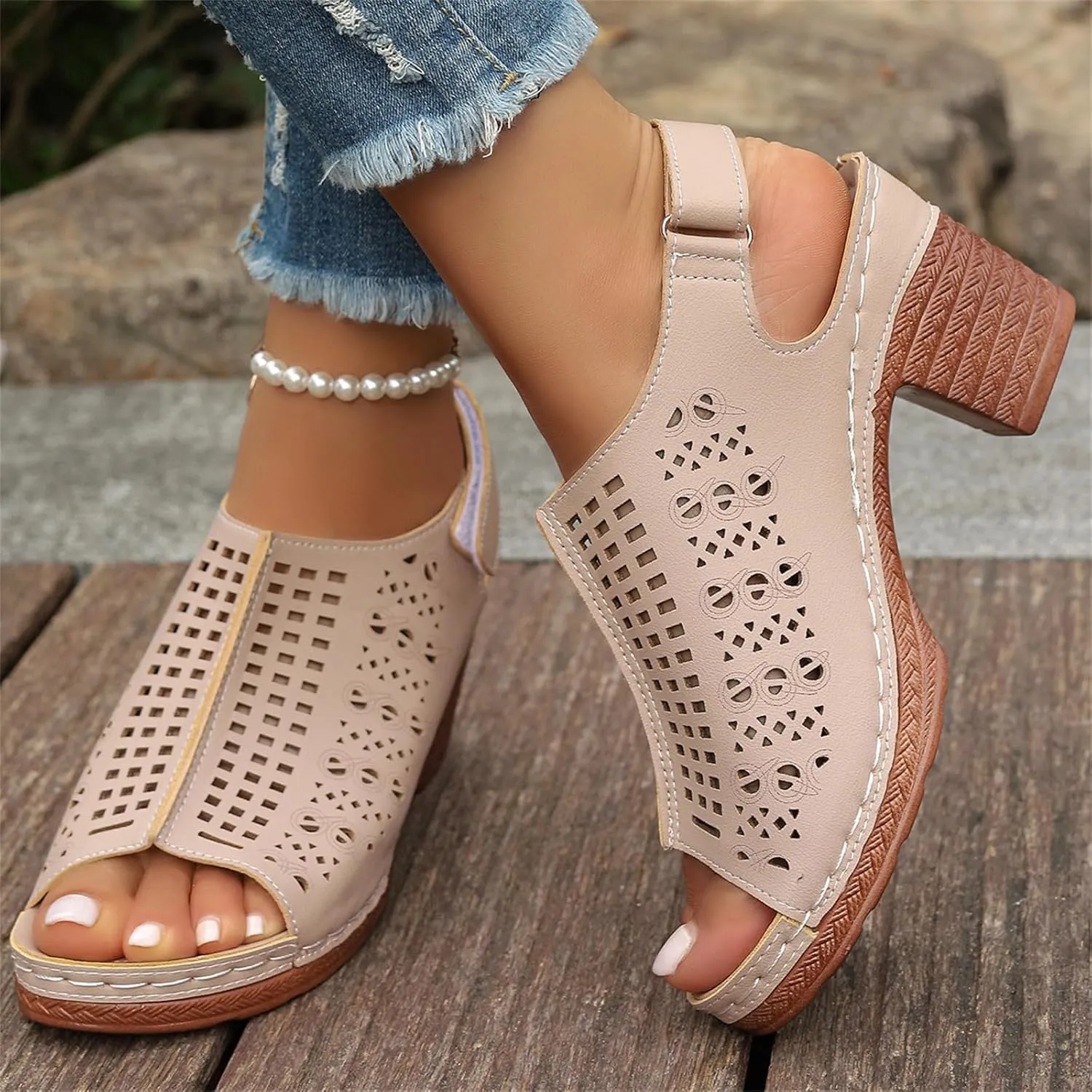 Chunky Sandals for Women Fishmouth Open Toe Shoes Adjustable Ankle Magic Tape Strap Sandal Hollow Out High Heel Sandals Retro Block Heeled Slip On Shoes Summer Party Sandal