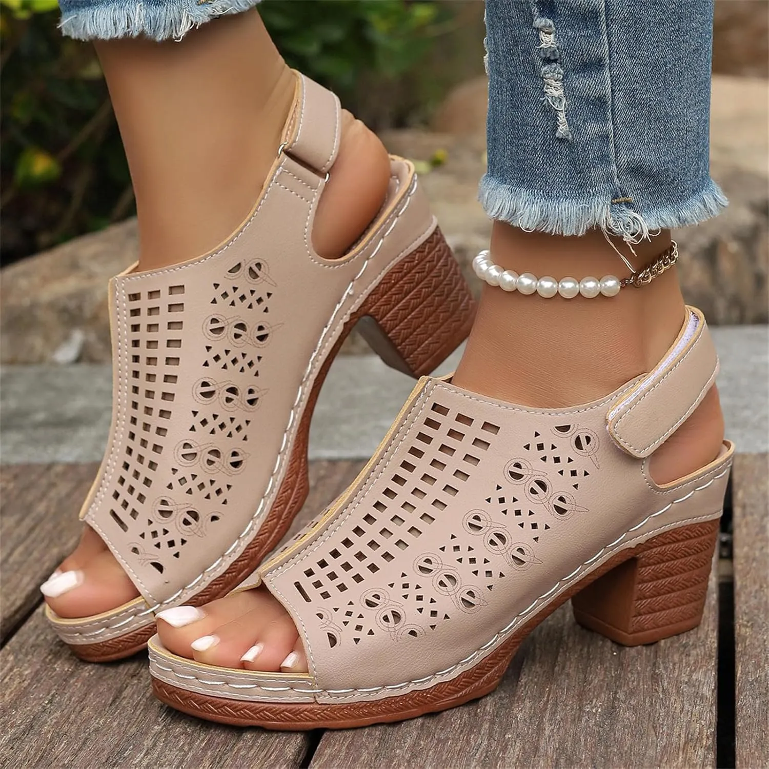 Chunky Sandals for Women Fishmouth Open Toe Shoes Adjustable Ankle Magic Tape Strap Sandal Hollow Out High Heel Sandals Retro Block Heeled Slip On Shoes Summer Party Sandal