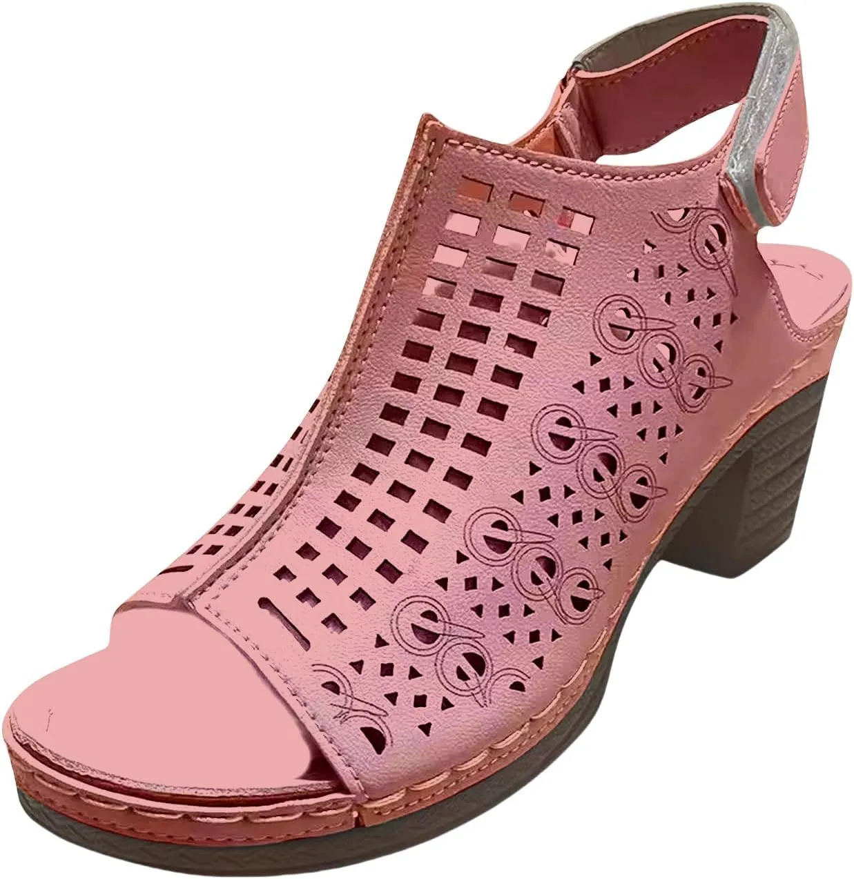 Chunky Sandals for Women Fishmouth Open Toe Shoes Adjustable Ankle Magic Tape Strap Sandal Hollow Out High Heel Sandals Retro Block Heeled Slip On Shoes Summer Party Sandal