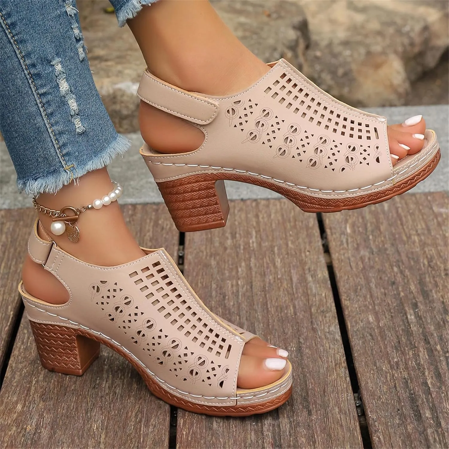 Chunky Sandals for Women Fishmouth Open Toe Shoes Adjustable Ankle Magic Tape Strap Sandal Hollow Out High Heel Sandals Retro Block Heeled Slip On Shoes Summer Party Sandal