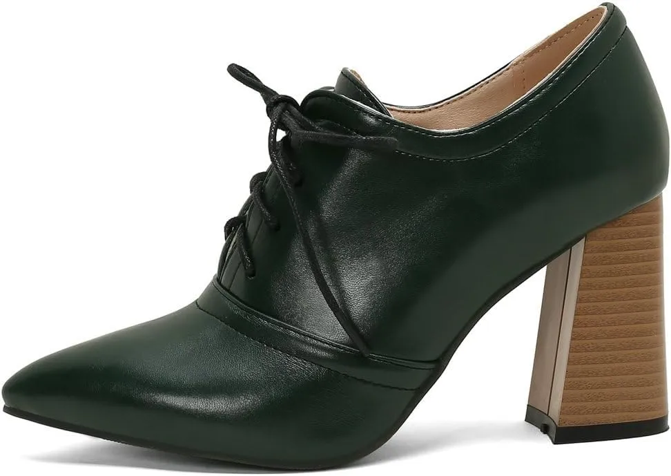 DINTAHA Womens Lace Up Oxford Heels Pointed Toe Chunky High Heeled Oxfords