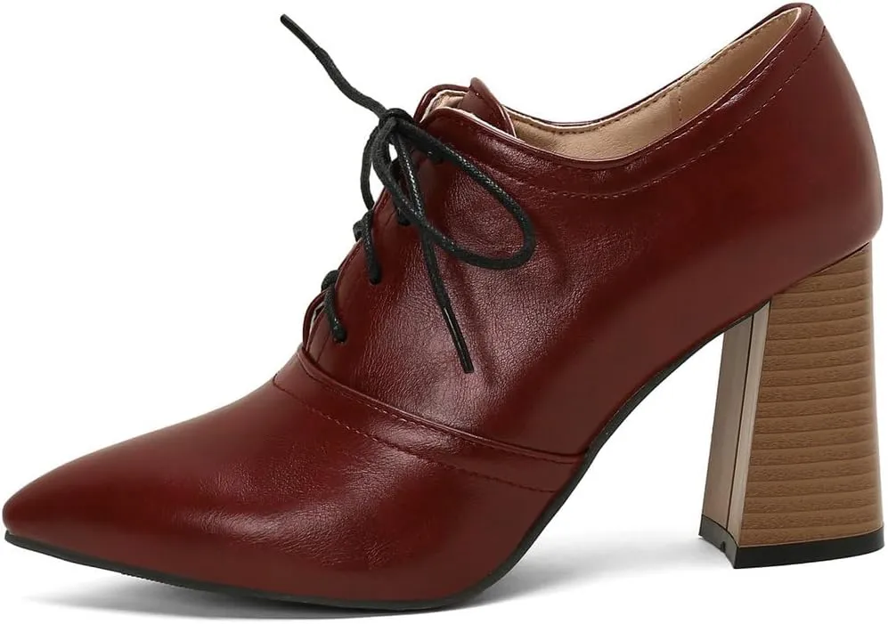 DINTAHA Womens Lace Up Oxford Heels Pointed Toe Chunky High Heeled Oxfords