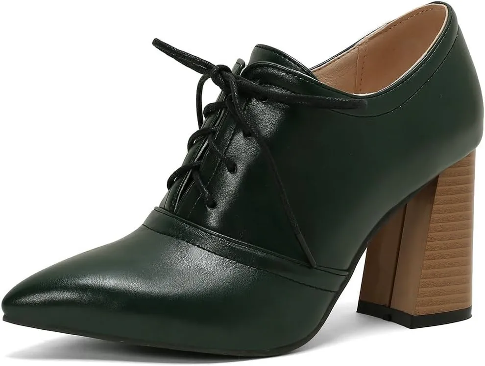 DINTAHA Womens Lace Up Oxford Heels Pointed Toe Chunky High Heeled Oxfords