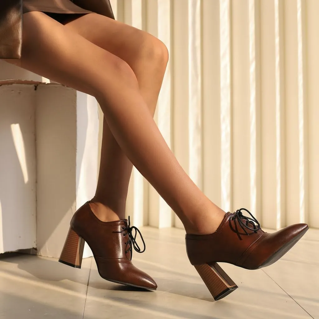 DINTAHA Womens Lace Up Oxford Heels Pointed Toe Chunky High Heeled Oxfords
