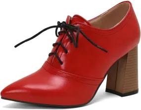 DINTAHA Womens Lace Up Oxford Heels Pointed Toe Chunky High Heeled Oxfords