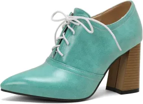 DINTAHA Womens Lace Up Oxford Heels Pointed Toe Chunky High Heeled Oxfords