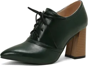 DINTAHA Womens Lace Up Oxford Heels Pointed Toe Chunky High Heeled Oxfords