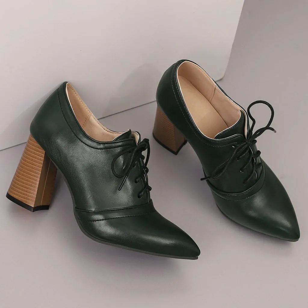 DINTAHA Womens Lace Up Oxford Heels Pointed Toe Chunky High Heeled Oxfords