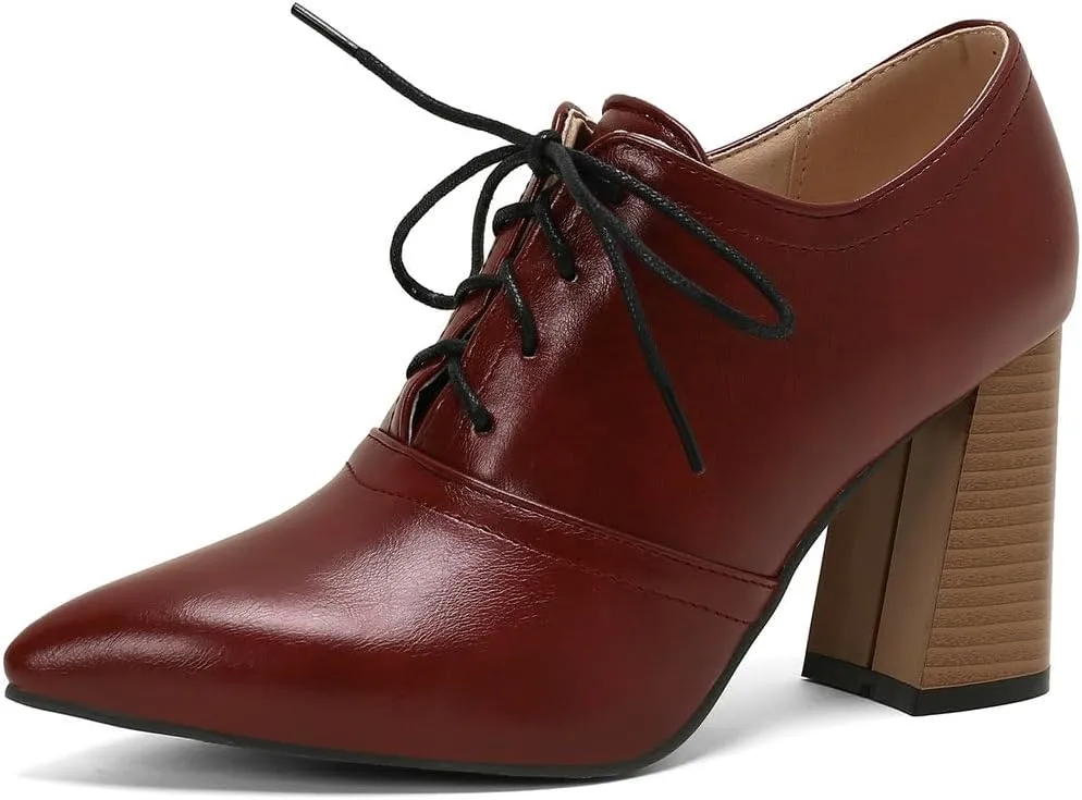 DINTAHA Womens Lace Up Oxford Heels Pointed Toe Chunky High Heeled Oxfords