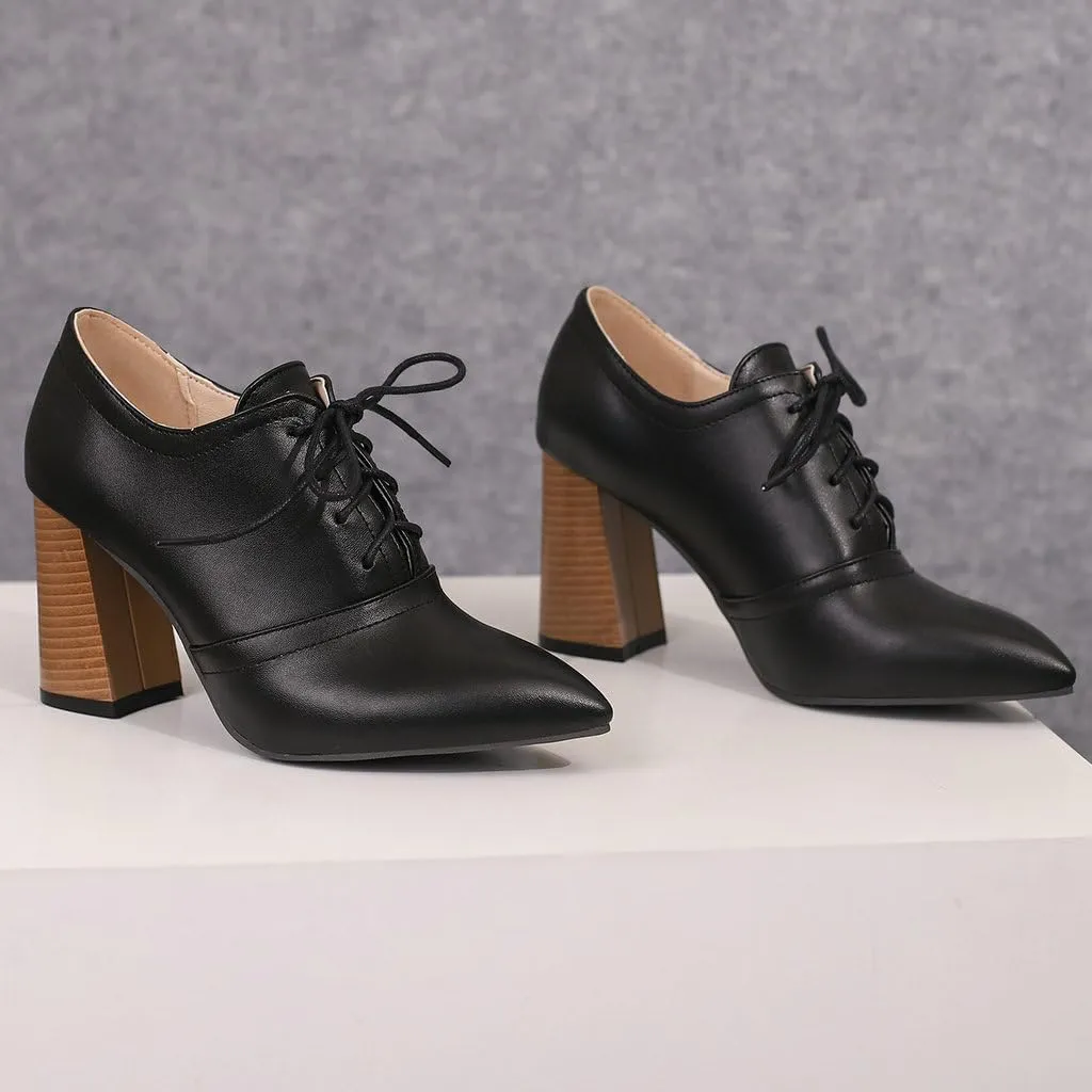 DINTAHA Womens Lace Up Oxford Heels Pointed Toe Chunky High Heeled Oxfords