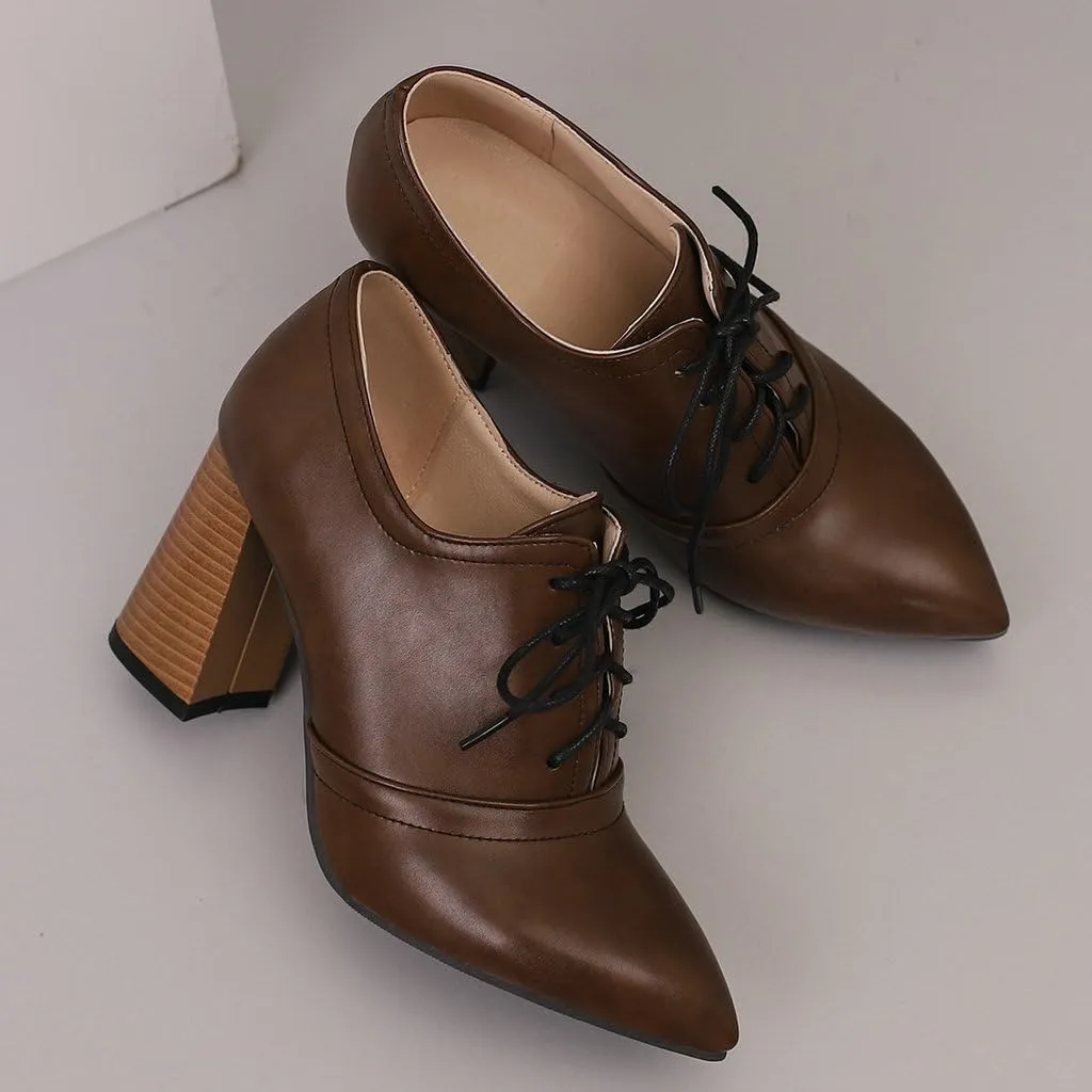 DINTAHA Womens Lace Up Oxford Heels Pointed Toe Chunky High Heeled Oxfords
