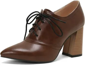 DINTAHA Womens Lace Up Oxford Heels Pointed Toe Chunky High Heeled Oxfords
