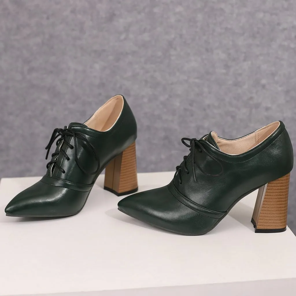 DINTAHA Womens Lace Up Oxford Heels Pointed Toe Chunky High Heeled Oxfords