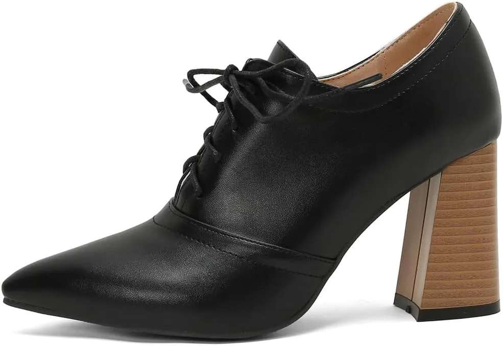 DINTAHA Womens Lace Up Oxford Heels Pointed Toe Chunky High Heeled Oxfords