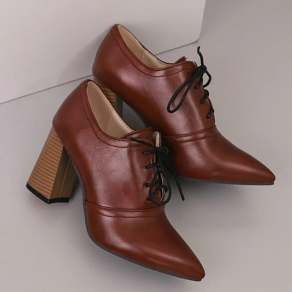 DINTAHA Womens Lace Up Oxford Heels Pointed Toe Chunky High Heeled Oxfords