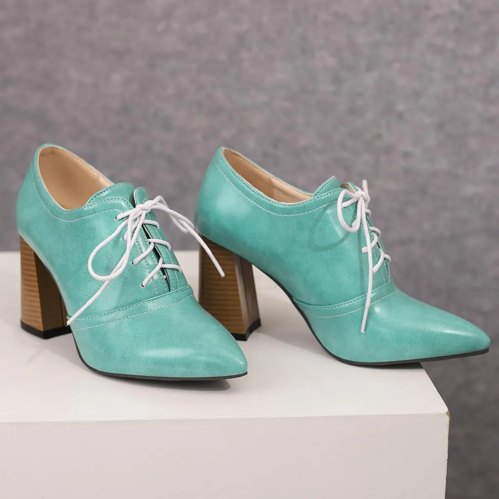 DINTAHA Womens Lace Up Oxford Heels Pointed Toe Chunky High Heeled Oxfords