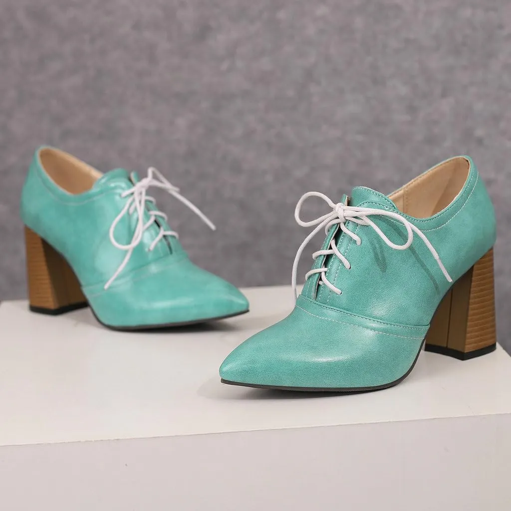 DINTAHA Womens Lace Up Oxford Heels Pointed Toe Chunky High Heeled Oxfords