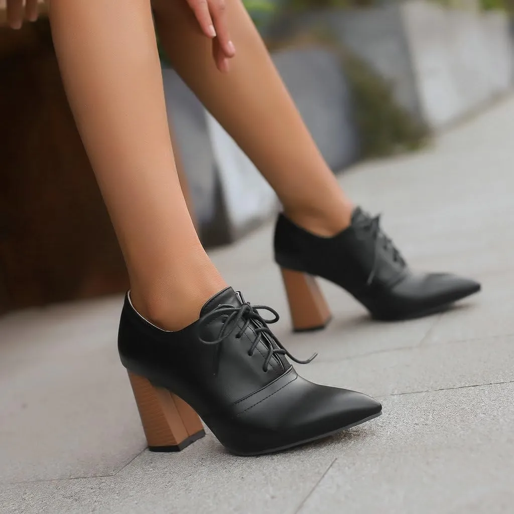 DINTAHA Womens Lace Up Oxford Heels Pointed Toe Chunky High Heeled Oxfords