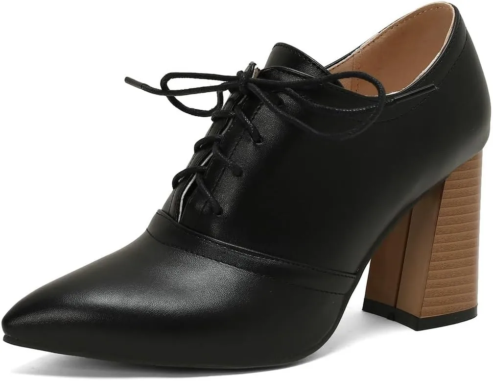 DINTAHA Womens Lace Up Oxford Heels Pointed Toe Chunky High Heeled Oxfords