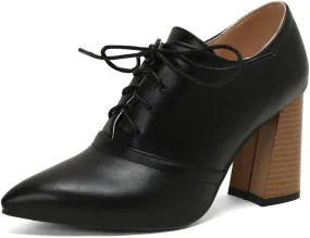 DINTAHA Womens Lace Up Oxford Heels Pointed Toe Chunky High Heeled Oxfords